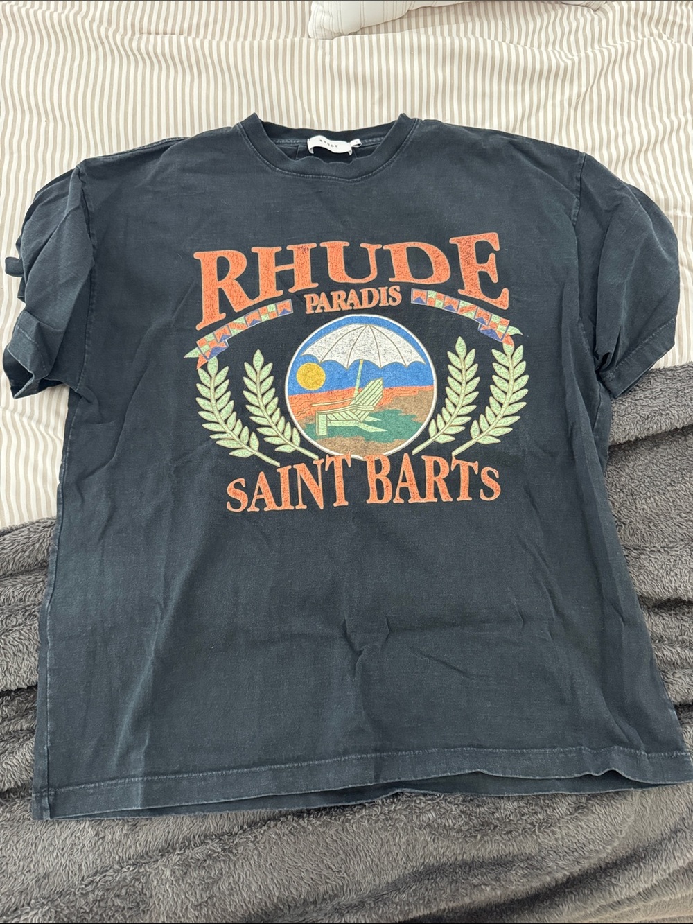 Rhude Black Graphic 'Saint Barts' T-Shirt with Orange and Green Print